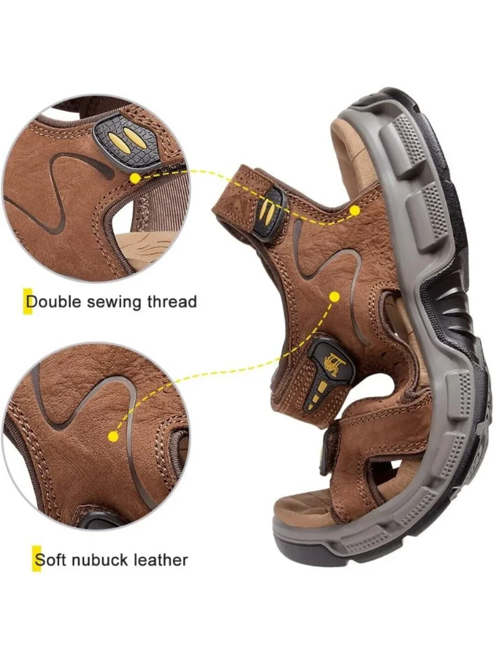 Men's Brown Athletic Outdoor Leather Solid Waterproof Rubber Hiking Sandal Shoes